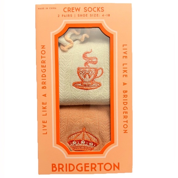 Accessories - Bridgerton Set of 2 Crew Socks, Giftable Box, Women Size 4-10 Coral & Cream, New